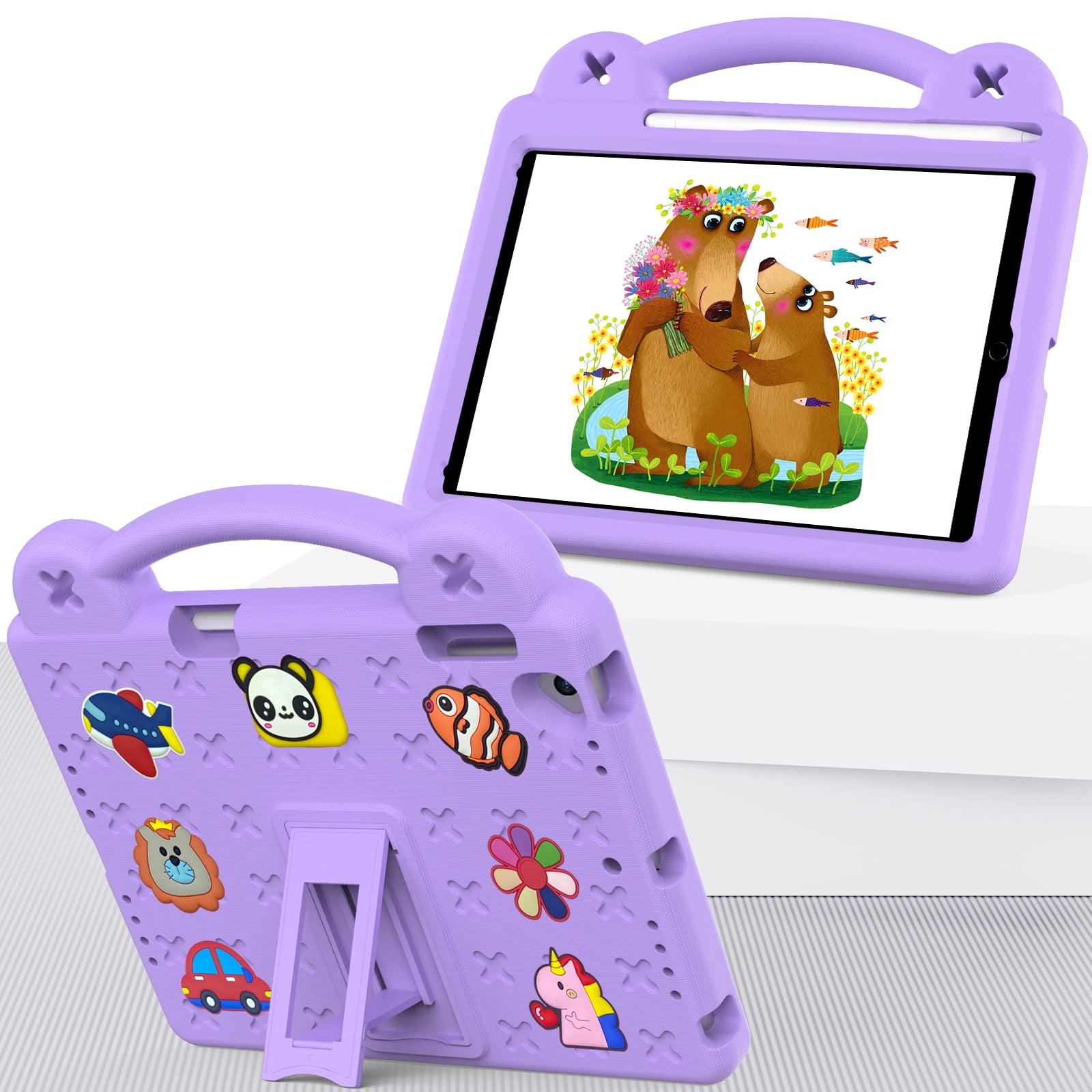 ELEHOLD Kids Case for iPad 6th/5th Gen/Pro (2018/2017/2016) 9.7 inch, EVA Foam Cute Cartoon Case with Built-in Kickstand Pencil Holder Shockproof Portable Case for iPad 9.7"/iPad Air/Air 2,Lightpurple