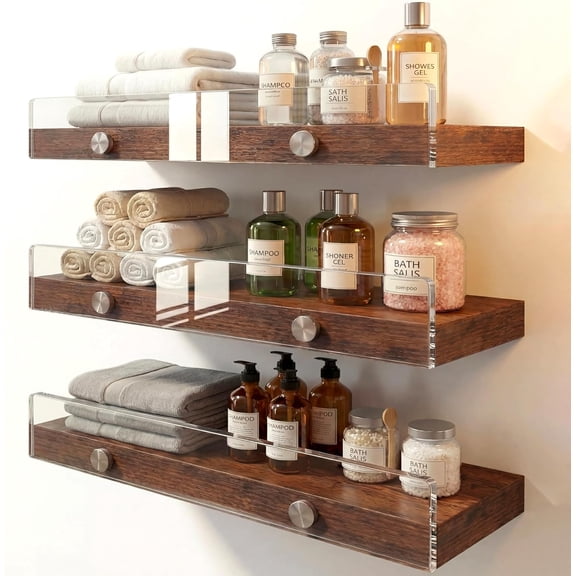 Wood Floating Shelves with Acrylic Front Lip, Rustic Shelf 15.7 inch, Floating Shelf for Wall Mounted Set of 3, Wide Wooden Wall Shelves for Living Room Bedroom Kitchen Bathroom, Brown, 15.7W x 5.8D
