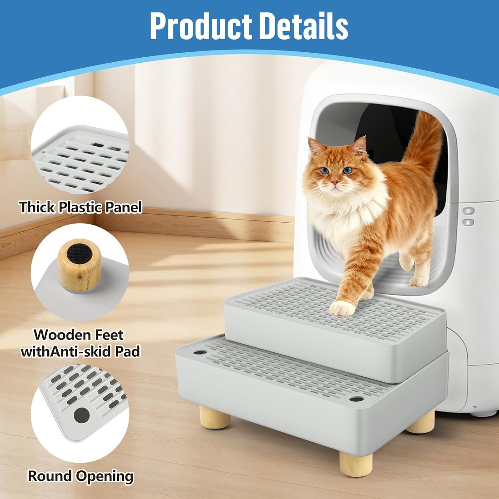Petyoung Cat Litter Box Step,Cat Litter Catcher Mat with Wooden Feet, Filter Function, for Kitten & Elderly Cats (Light Grey)