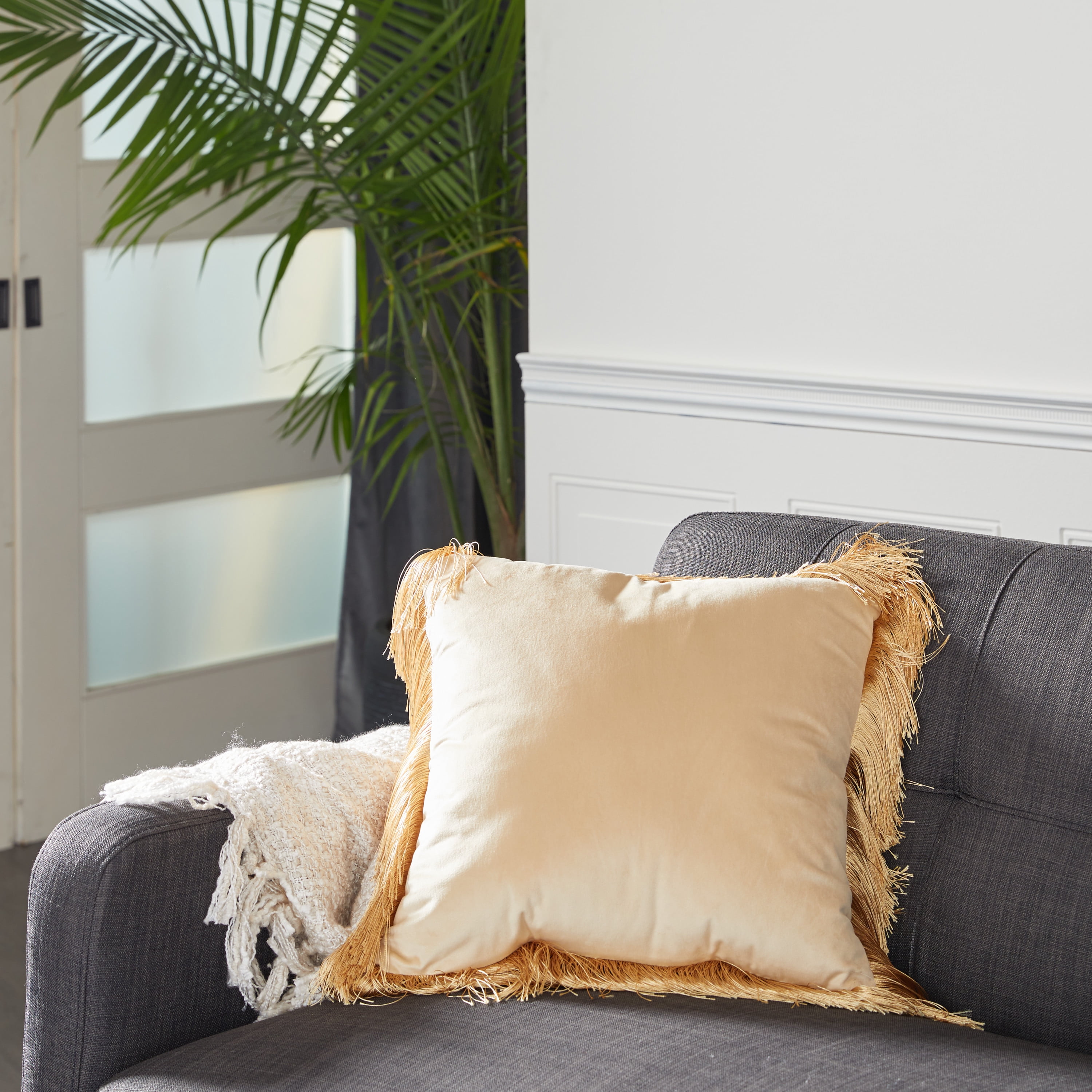 Decmode Square Tan Cotton Pillow With Gold Fringe Border, 20" X 20"