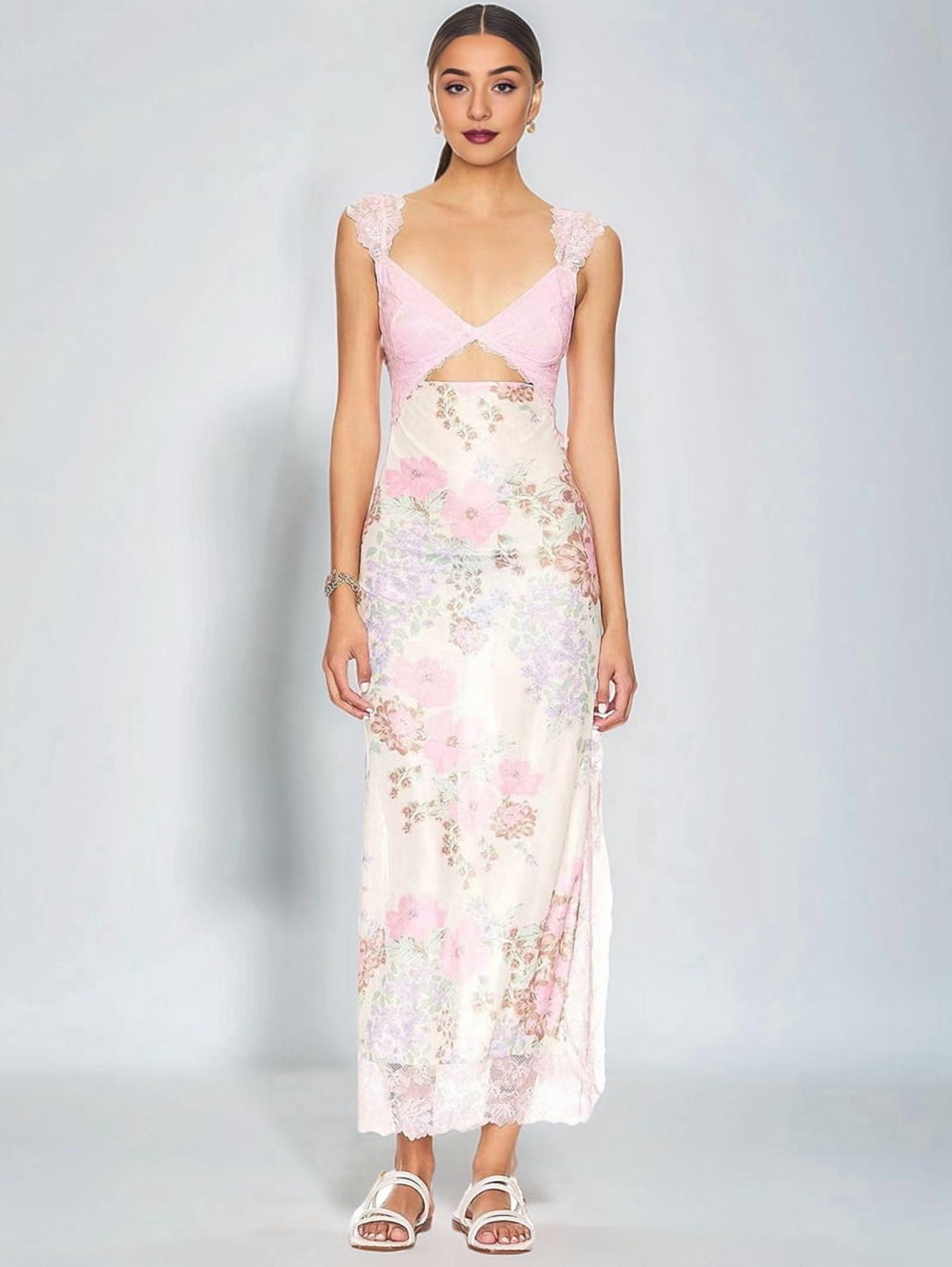 Women Lace Patchwork Mesh Maxi Dress Floral Print Cutout Sweetheart Neck  Backless Slit Summer Y2K Long Dresses Pink L - Walmart.com
