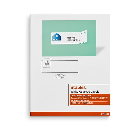 Staples Laser/Inkjet Address Labels 1 1/3" x 4" White 14 Labels/Sheet 2800/Carton ST18059-CCVS