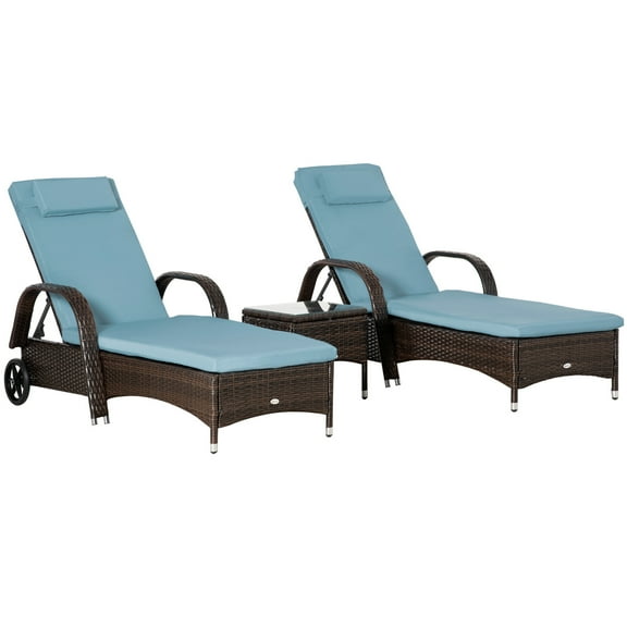 Outsunny Pool Furniture, 2 Lounge Chairs & Table, Wheels, Cushioned, Blue