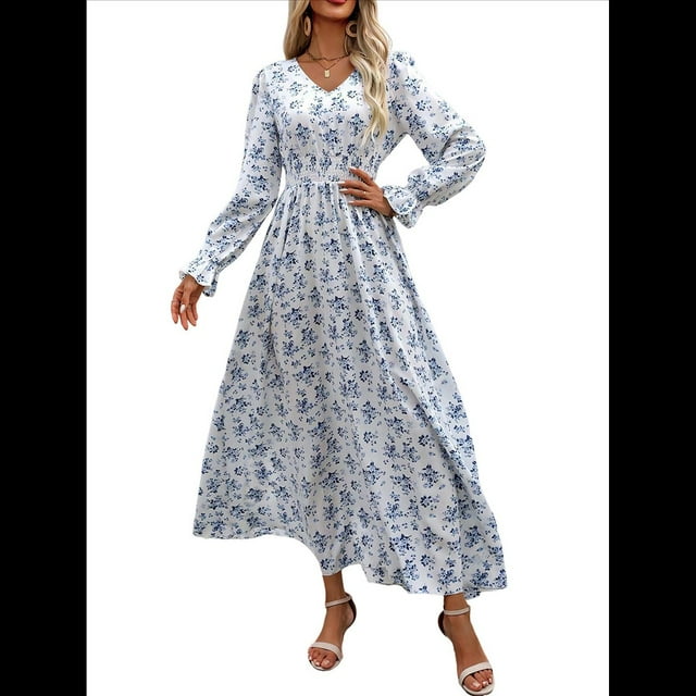 Vestido Informal de Otoño con Estampado Floral, Escote en V y Corte A para Mujer, Larga, Estilo M
