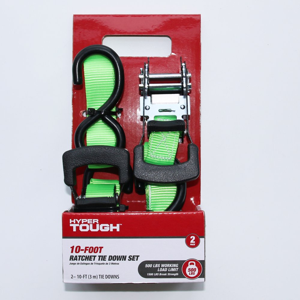 Hyper Tough 2 Pack 10 feet Ratchet Tie Downs, 500 lbs, Green Strap