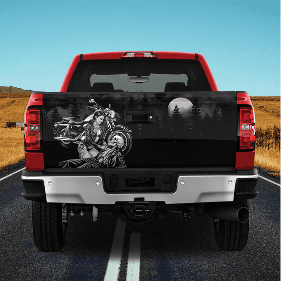 Lotusprinthandmade Skull Couple Riding Bicycle Tailgate Wrap 2 Sizes (24"x58"), skull couple bicycle tailgate wrap, skeleton lovers truck decal