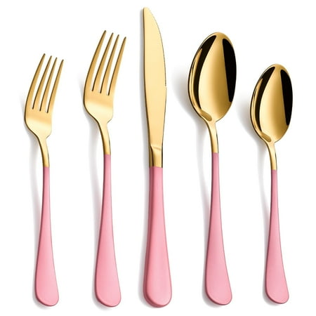 MDEALY 20-Piece Gold and Pink Silverware Set for 4, 18/0 Stainless Steel Flatware Cutlery Utensils Set, Include Dinner Knives,Dinner Forks,Dinner Spoons,Salad Forks,Teaspoons,Dishwasher Safe