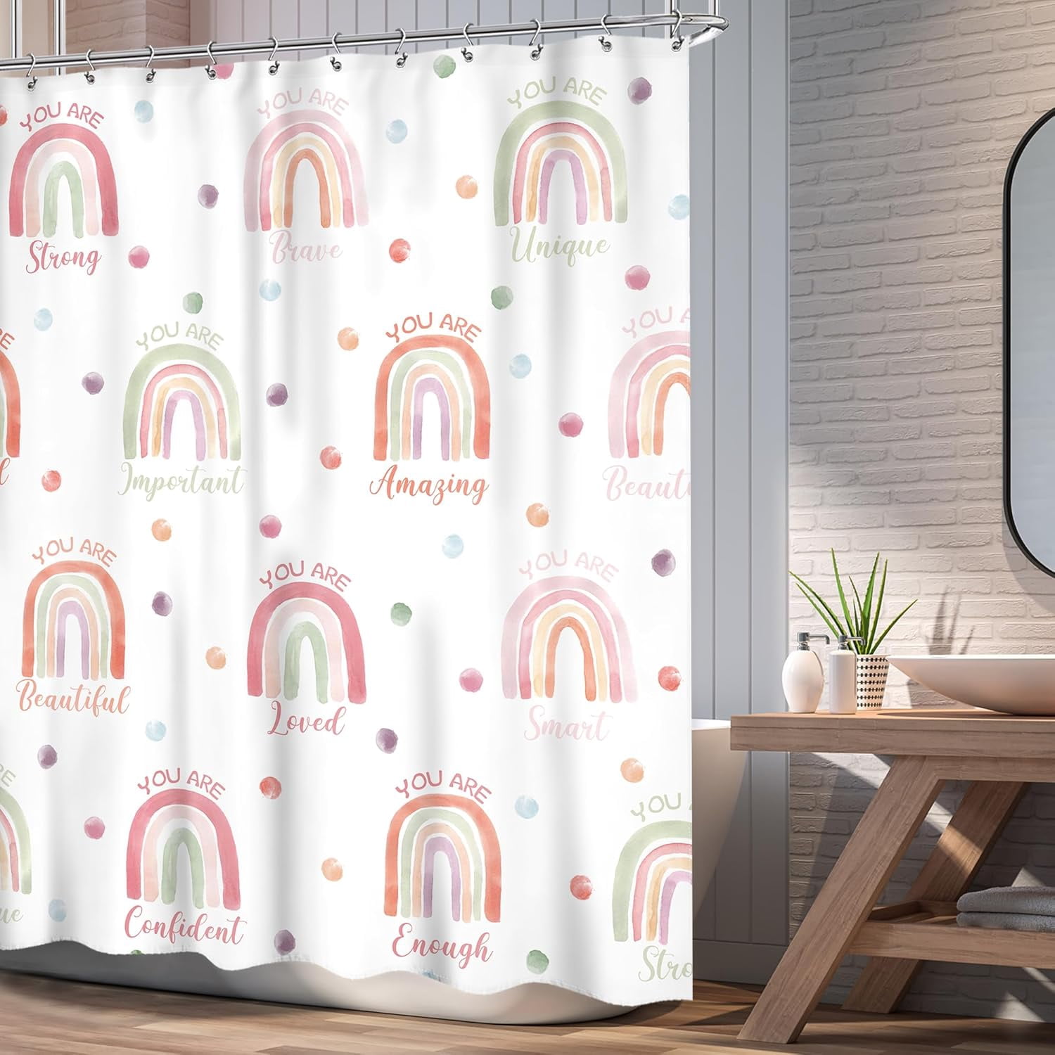 Kid Girls Shower Curtain, Boho Rainbow Cute Inspirational Quote Shower Curtain, Watercolor Pink Lovely Polka Dot You are 72Wx72L Inch Bathroom Set Bath Curtain Bathtub Accessories Home Decor
