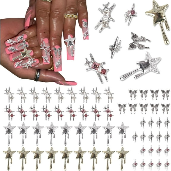 70-Pieces Namifin 3D Butterfly Nail Charms Set - Shiny Silver Stars Cross & Y2K Kawaii Nail Art Decor for Acrylic Nails (Reusable Alloy Rhinestones Kit)