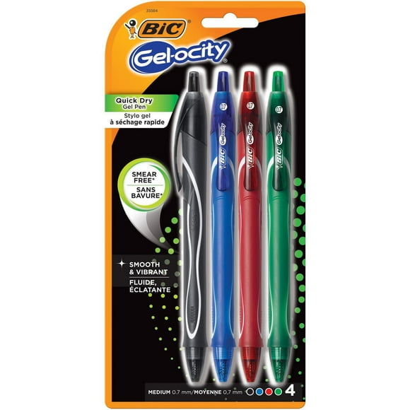 Stylo gel rétractable séchage rapide BIC Gel-ocity, pointe moyenne, couleurs assorties, 4 unités, idéal pour écrire au quotidien
