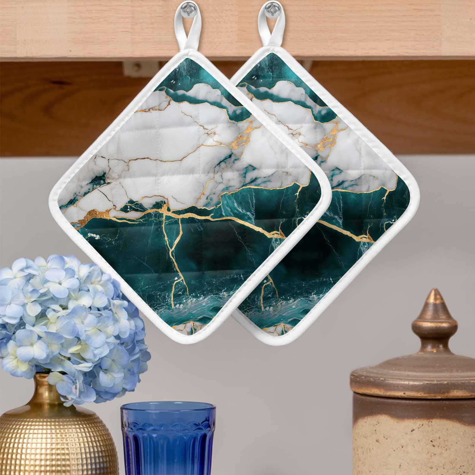 Marble Turquoise Pot Holders for Kitchen Heatproof Potholder, 3 Pack Abstract Gold White Brick Stone Motif Hot Pads Multipurpose Oven Pads Cloth Potholders Trivet for Cooking Baking