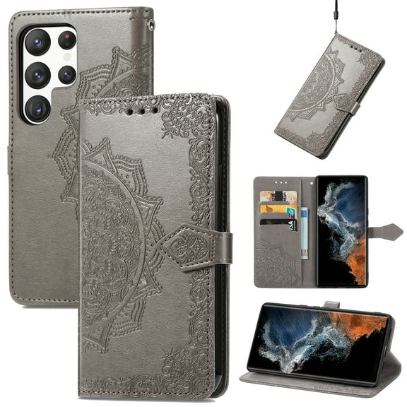 Allytech for Samsung Galaxy S25 Ultra Wallet Case, Luxury PU Leather with Embossed Pattern, Magnetic Clasp Kickstand Card Cash Slots Shockproof Slim Flip Case with Hand Strap for Women Men - Gray