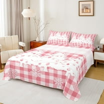 Manfei Cartoon Xmas Tree Bed Sheets for Kids, Pink Christmas Buffalo King Sheets, Happy New Year Sheet Set, Microfiber Bedroom Decor, 4-Piece