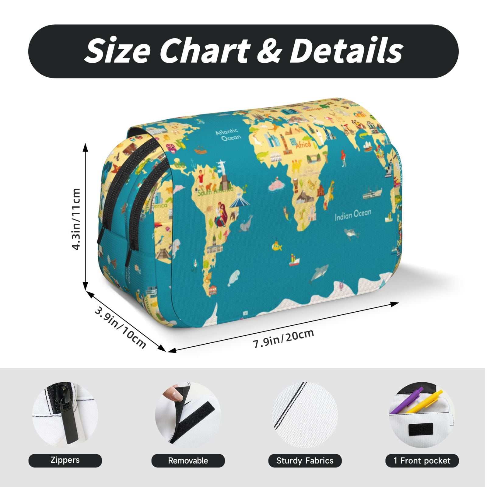 Rateoe World Map With Landmarks Pattern Double Clamshell Pen Case, Storage Organizer with Two Zipper Compartments– Holds Up to 50 Pencils & Pens