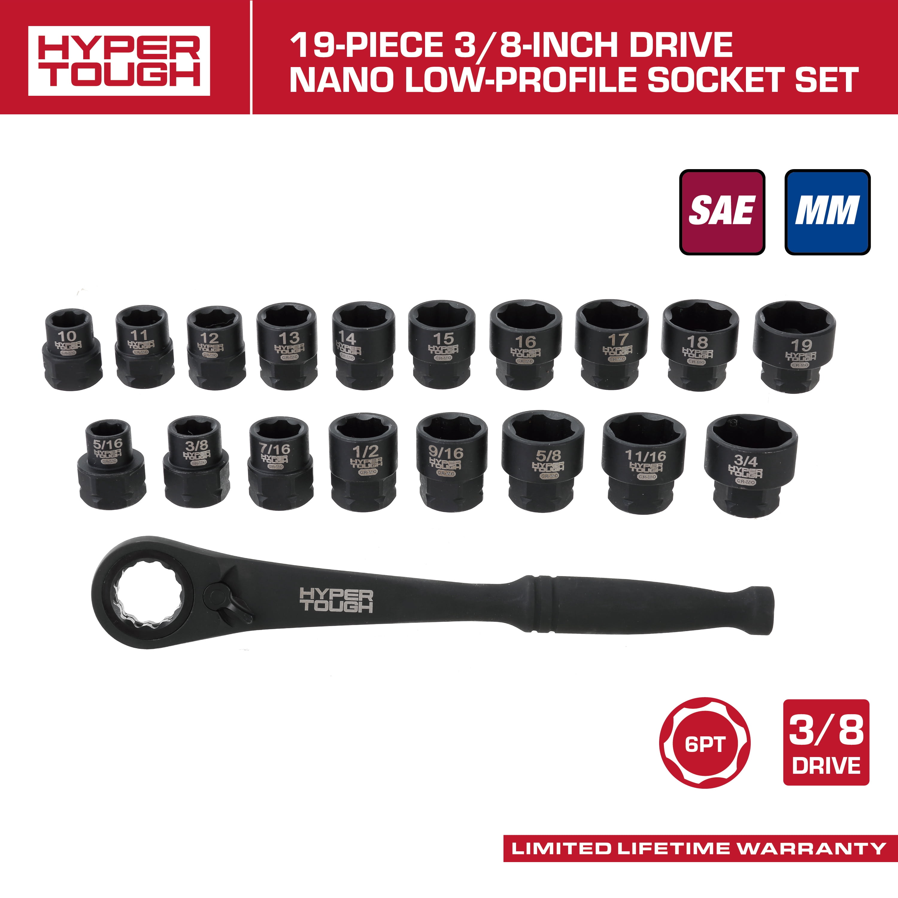 Hyper Tough 19-Piece 3/8-Inch Drive Nano Low-Profile Socket Set, SAE & Metric