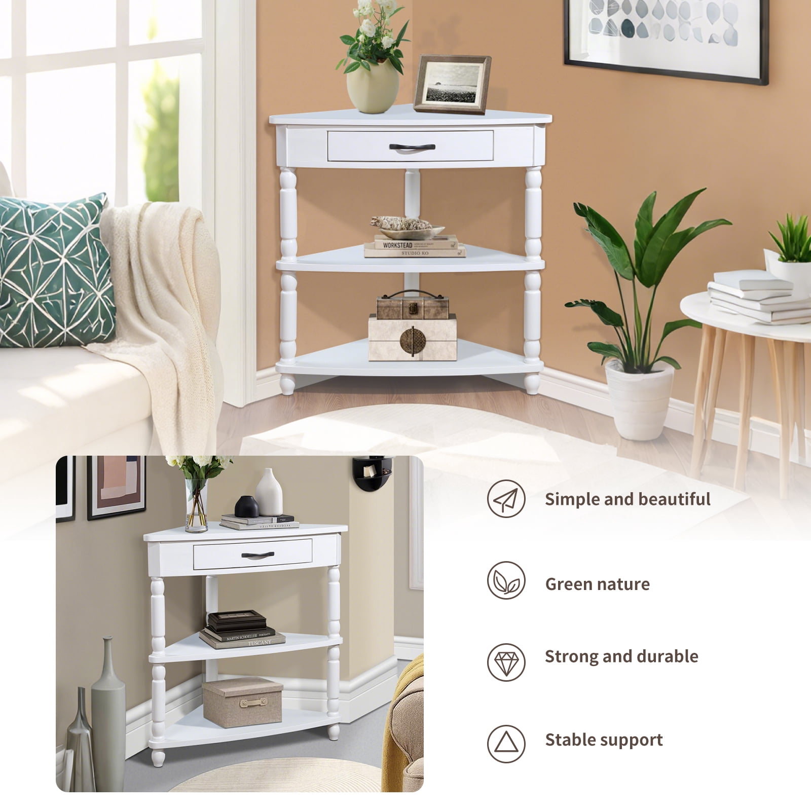3-Tier Corner Shelf Unit for Small Spaces - Triangular Storage Rack with Solid Wood Legs, Multi-Functional Apartment & Living Room Furniture, Easy Assembly (Milk White)