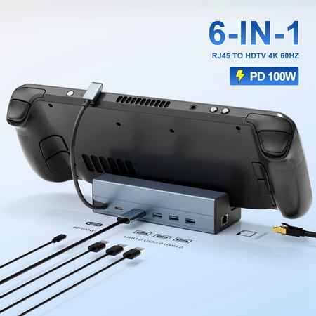 6-in-1 Docking Station for Steam Deck, 4K@60Hz HDMI, Gigabit Ethernet, 3 USB 3.0 Ports, 100W USB-C PD Input, Aluminum Stand