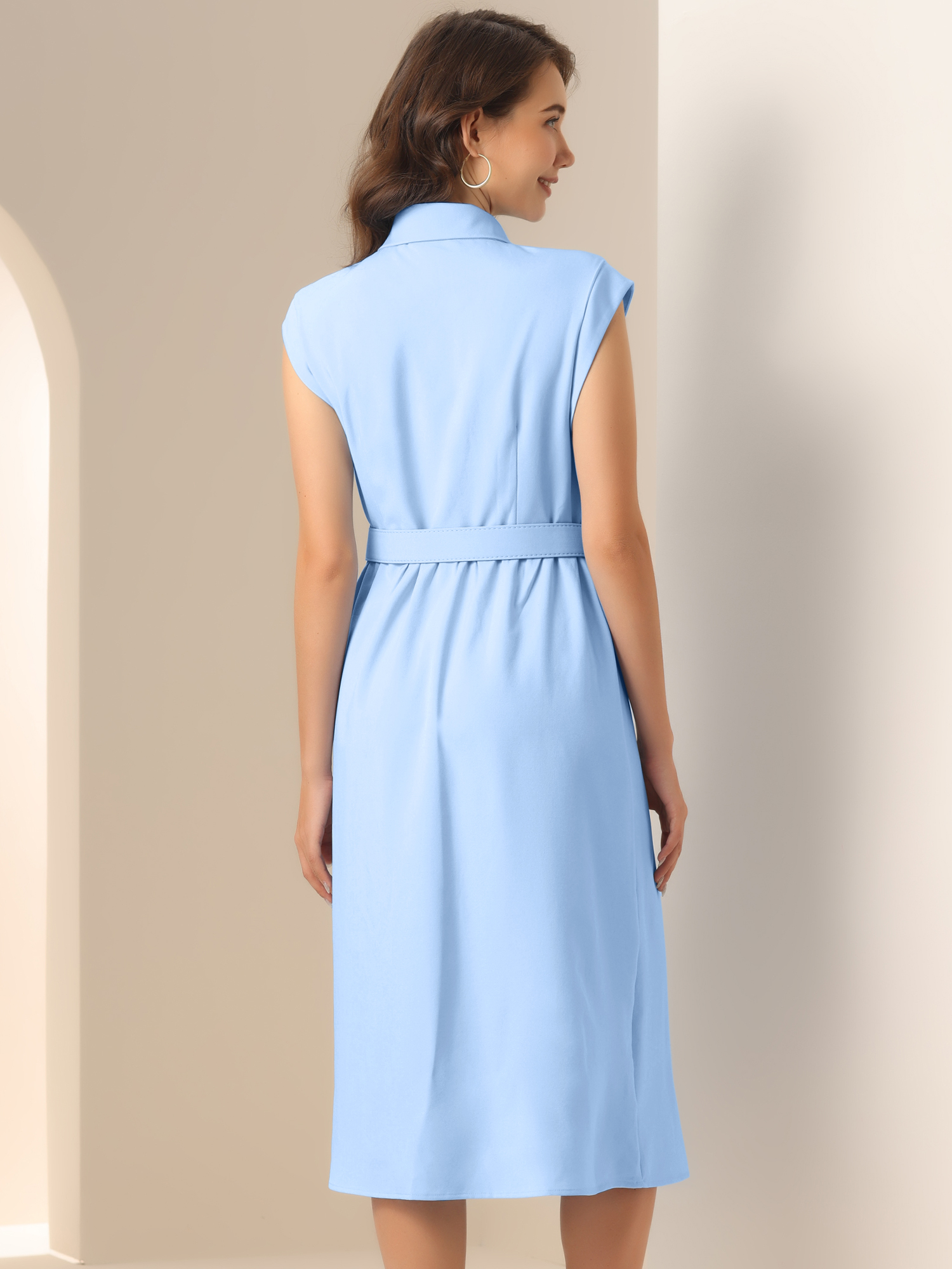 DARING DIVA Women's Sleeveless Collared Button Down Belted Midi Dress XL Blue