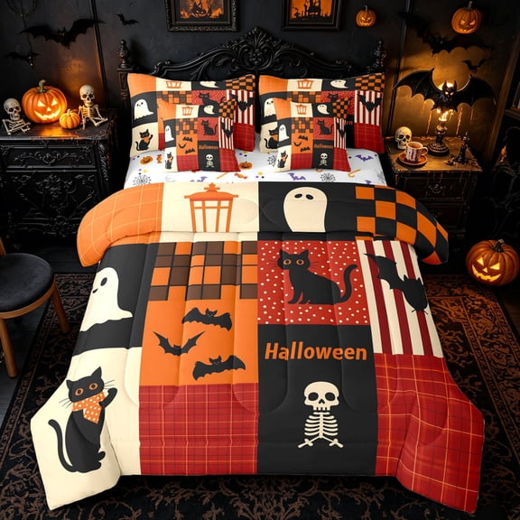 Manfei Retro Patchwork Halloween Print Twin Bedding for All, Black Orange Ghost Cat Bat Bedding Comforter Set, Halloween Reversible, 7 Pieces