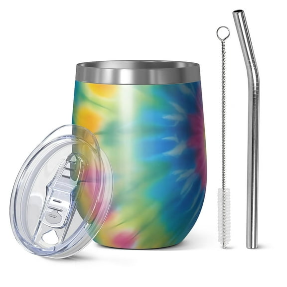12oz Stemless Wine Tumblers Rainbow Tie Dye Mandala Pattern Vacuum Insulated Stainless Steel Travel Tumbler Cups Mug with Lid and Straw for Champaign,Cocktail,Beer with Cleaning Brush