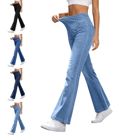 Women's Tummy Control Bell Bottom Jeans Elastic High Waisted Wide Leg Lightweight Breathable Outdoor Flare Pants Jeggings with Multiple Pockets