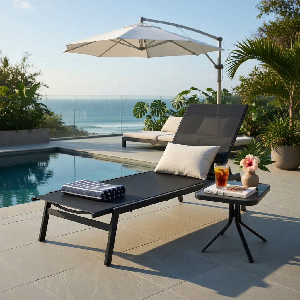 Hommoo 6-Position Adjustable Outdoor Chaise Lounge Chair, Heavy-Duty Steel Frame, Rustproof & Quick-Dry Fabric, Poolside & Backyard Recliner, Black