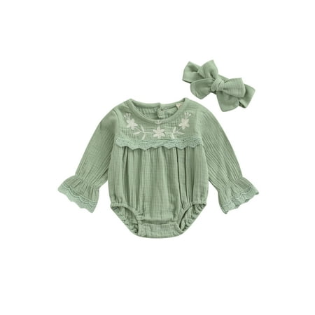 

Frobukio Newborn Baby Girls Long Sleeve Romper with Headband 2Pcs Princess Embroidery Jumpsuits Outfits Green 9-12 Months