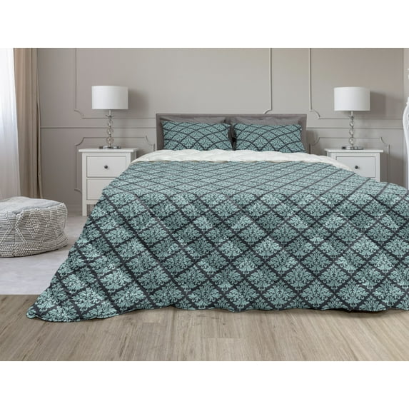Antique Oriental Comforter & Sham Bedding Set, Victorian Vintage Classic Motif Swirly Branches Rococo Art, 3 pcs Duvet Set Microfiber Filling Quilt, 5 Sizes, Pale Turquoise Dark Grey, by Ambesonne