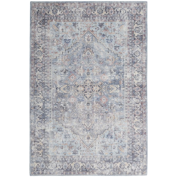Nourison New Concept Washables 5'3" x 7'3" Light Grey Blue Vintage Indoor Non-Slip Flatweave Rug