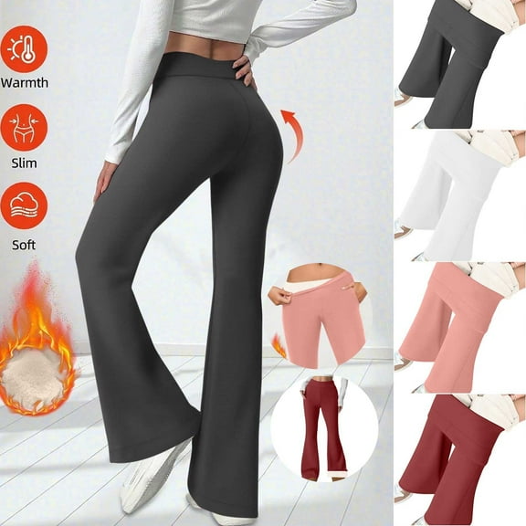 Bloomae Women's Fleece Lined Pants High Waist Winter Thermal Plush Thick Warm Flare Leggings Tummy Control Hiking Yoga Pants with Pockets Wine L