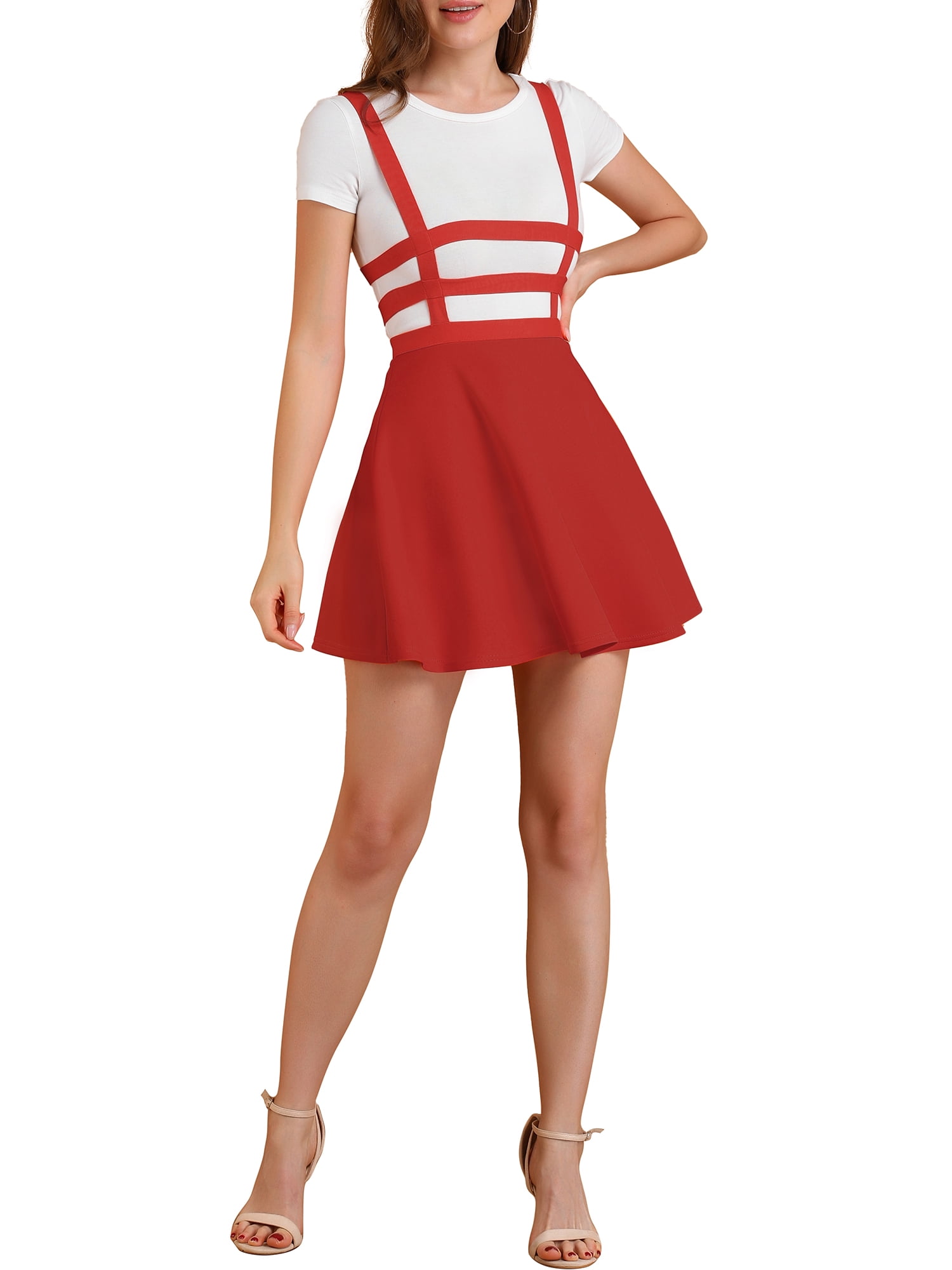 DARING DIVA Women's Elastic High Waist Mini Suspender Skirt XS Red