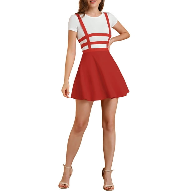 Falda de tirantes Kawaii de cintura alta con pliegues para mujeres INSPIRE CHIC, talla 2XL, color rojo