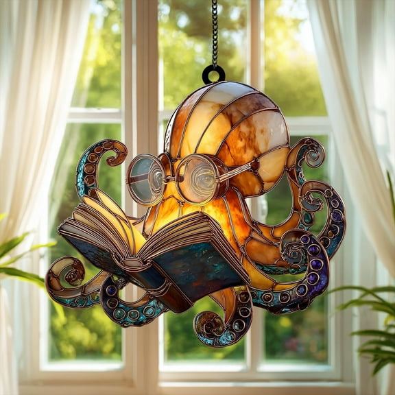 Reading Octopus Acrylic Suncatcher ? Cute Sea Animal Window Hanging, Coastal Nautical D‚cor, Ocean Lover Gift