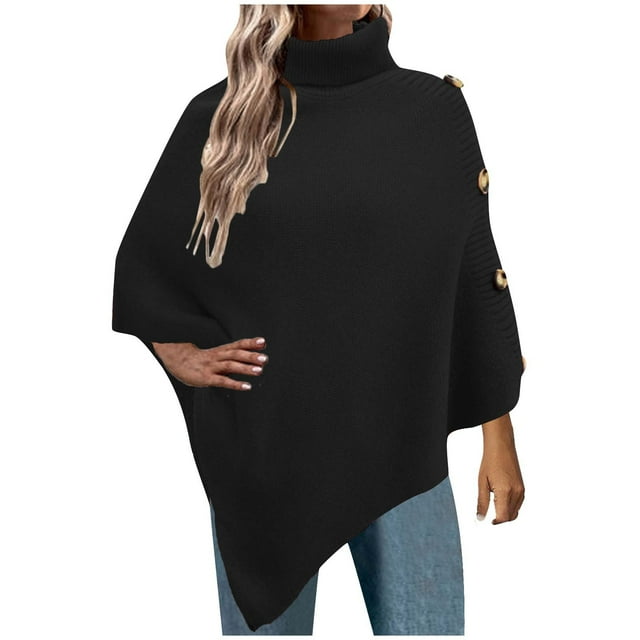 Chandail à Manches Longues d'Automne pour Femmes Mode Automne Chandail à Col Roulé Irrégulier à Boutons Manches Longues Décontracté Blouse Chandail S-107 Noir m