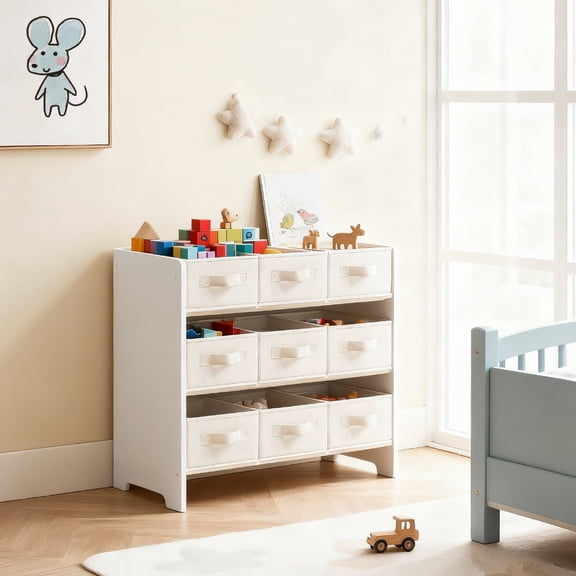 SONGMICS UGKR033W10 - Organizador de Juguetes para niños con 9 Cajas de Tela no Tejida, para habitación de niños y Sala de Juegos, Espacioso, 11.6 x 24.6 x 23.6 pulgadas, Blanco Nube