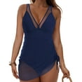 thumbnail image 3 of vigerkar One Piece Swim Dress for Women Tummy Control Swimsuits Mesh Sheer Wraps Bathing Suit Dark Blue, XXL, 3 of 9