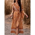 thumbnail image 2 of Cenuakty Women's Summer Bohemia Long Dress Long Sleeve Wrap V-Neck Retro Print Tie Front Slit A-Line Dress for Beach, Party, 2 of 8