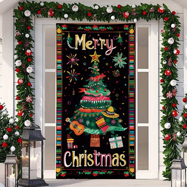 Decoración navideña para puerta de entrada, tela colgante, cubierta navideña para puerta, fondo fotográfico, decoración navideña, letrero para baño, porche, pancarta, suministros de Año Nuevo