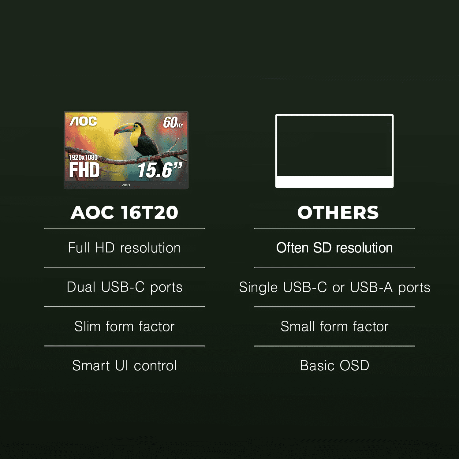 AOC 16T20 - 15.6" FHD (1920x1080), IPS, Portable Monitor, USB-C