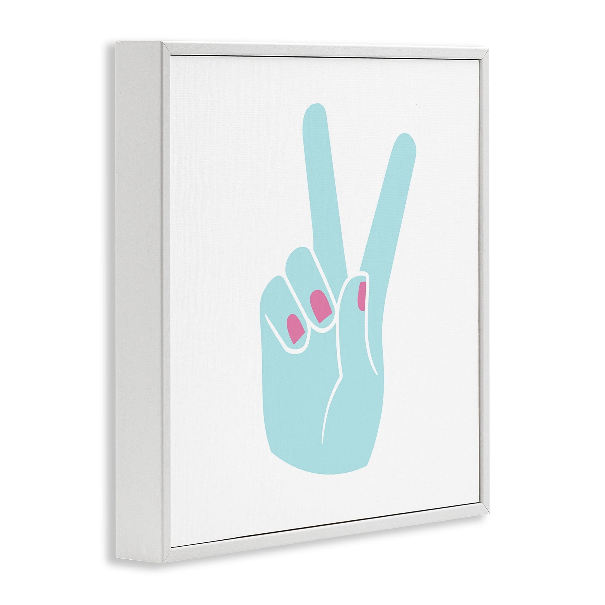 Peace Hand Teal with Pink Nail Polish Art for Kids Framed Art Print Wall Art, 17x17