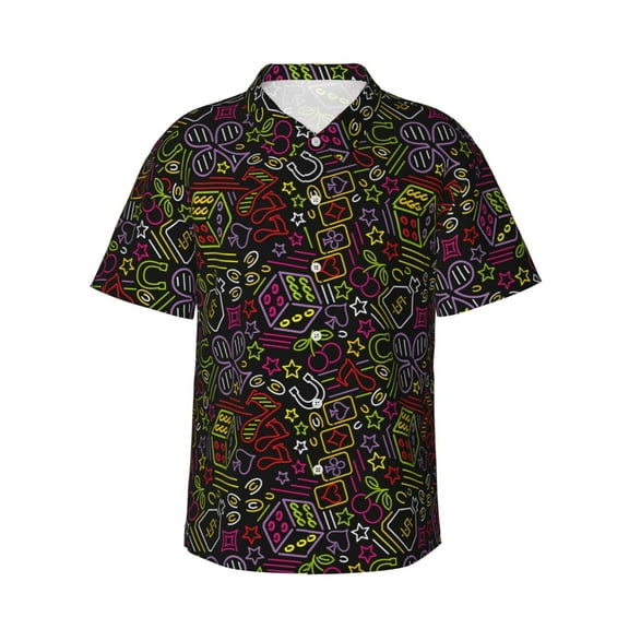 Gukieu Casino Icons Print Men's Short-sleeved Shirts, Button-down Lapel Hawaiian Shirts, T-shirts, Beach Vacation Summer Casual Wear,Small