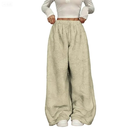 GrmtClth Plush Wide Leg Pants Woman Cozy Soft Comfy Long Pants Fashion Fleece Thermal Elastic Waist Bottoms Khaki XXL