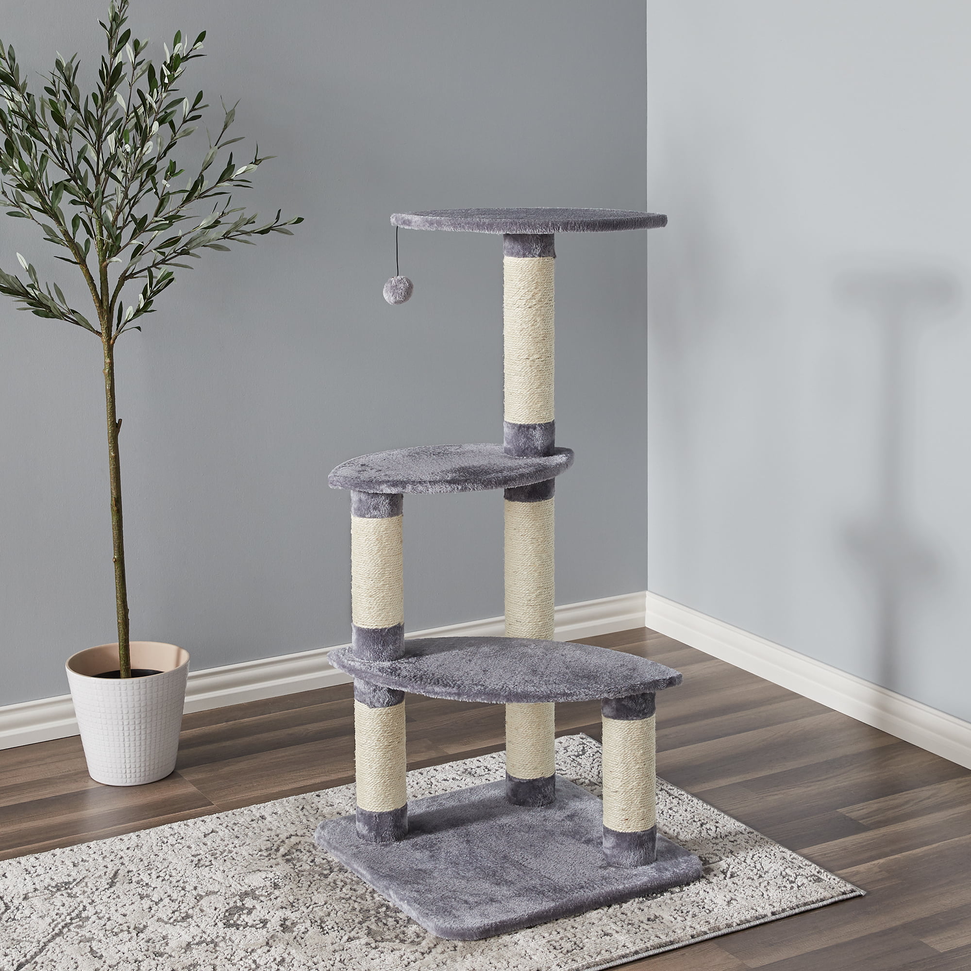 Two by Two Cat Scratching Pads Plush Grey Cat Tower with 3 Sisal Scratching Columns