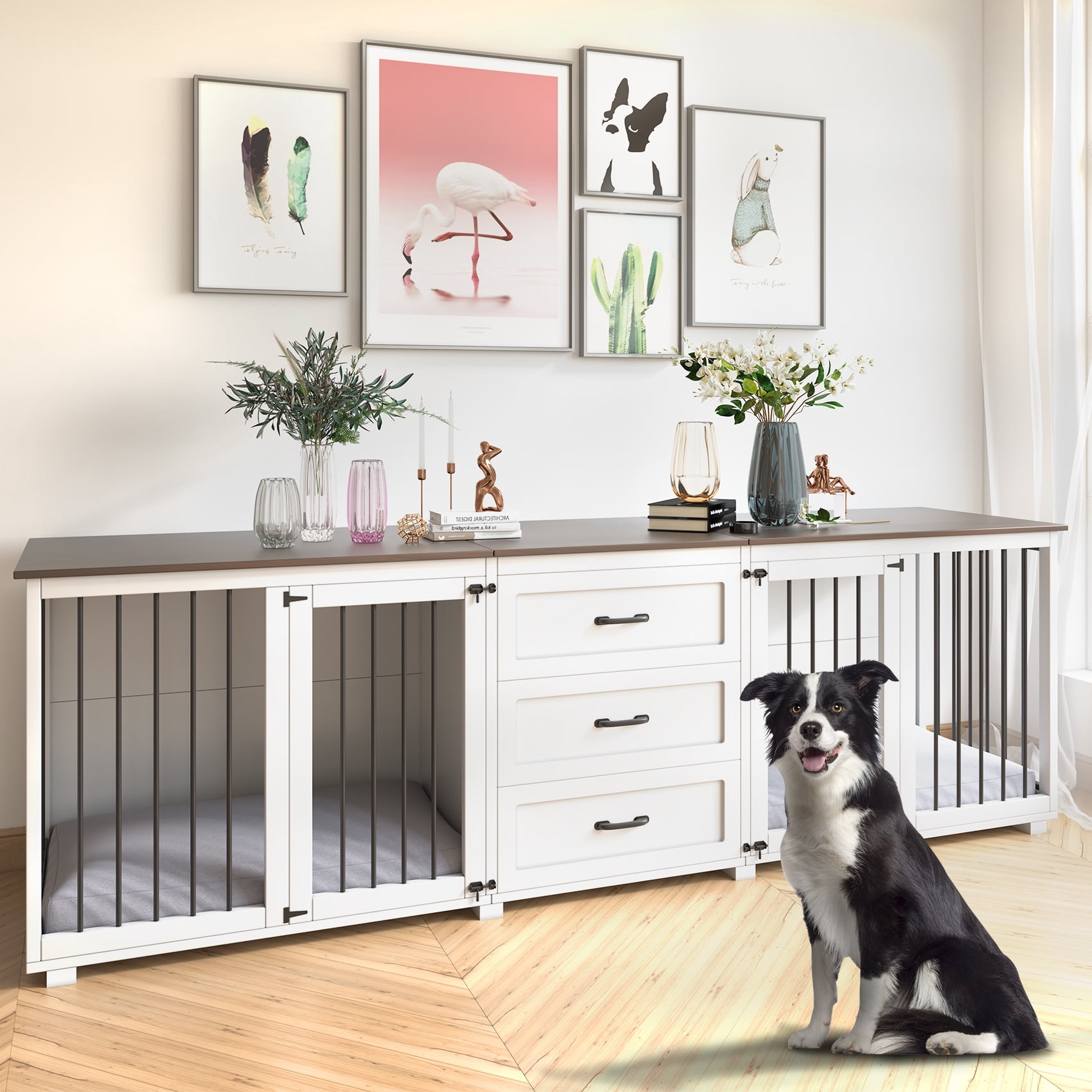 Mowpex Lockable 2-Door 95" Engineered Wood Furniture Style Crate for Dogs with 3 Drawers