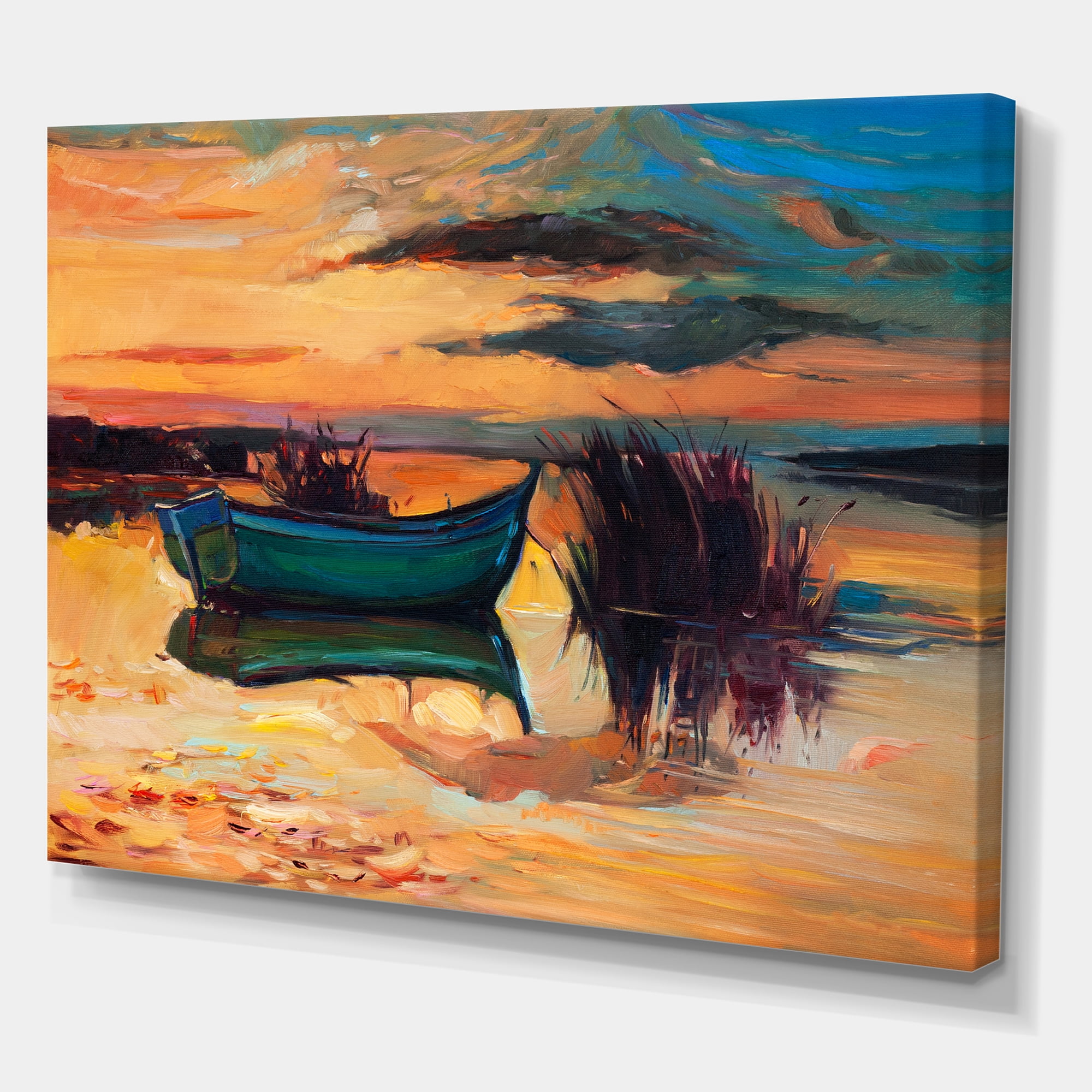 Boat At The Lake During Evening Glow I 32 in x 16 in Painting Canvas Art Print, by Designart