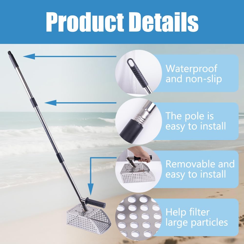 Sand Scoop for Metal Detecting, Heavy Duty Stainless Steel Sand Scoop with Long Handle,Includes 1 Metal Detector Pinpointer,1 Shovel,1 Carry Bag,One Pair of Gloves