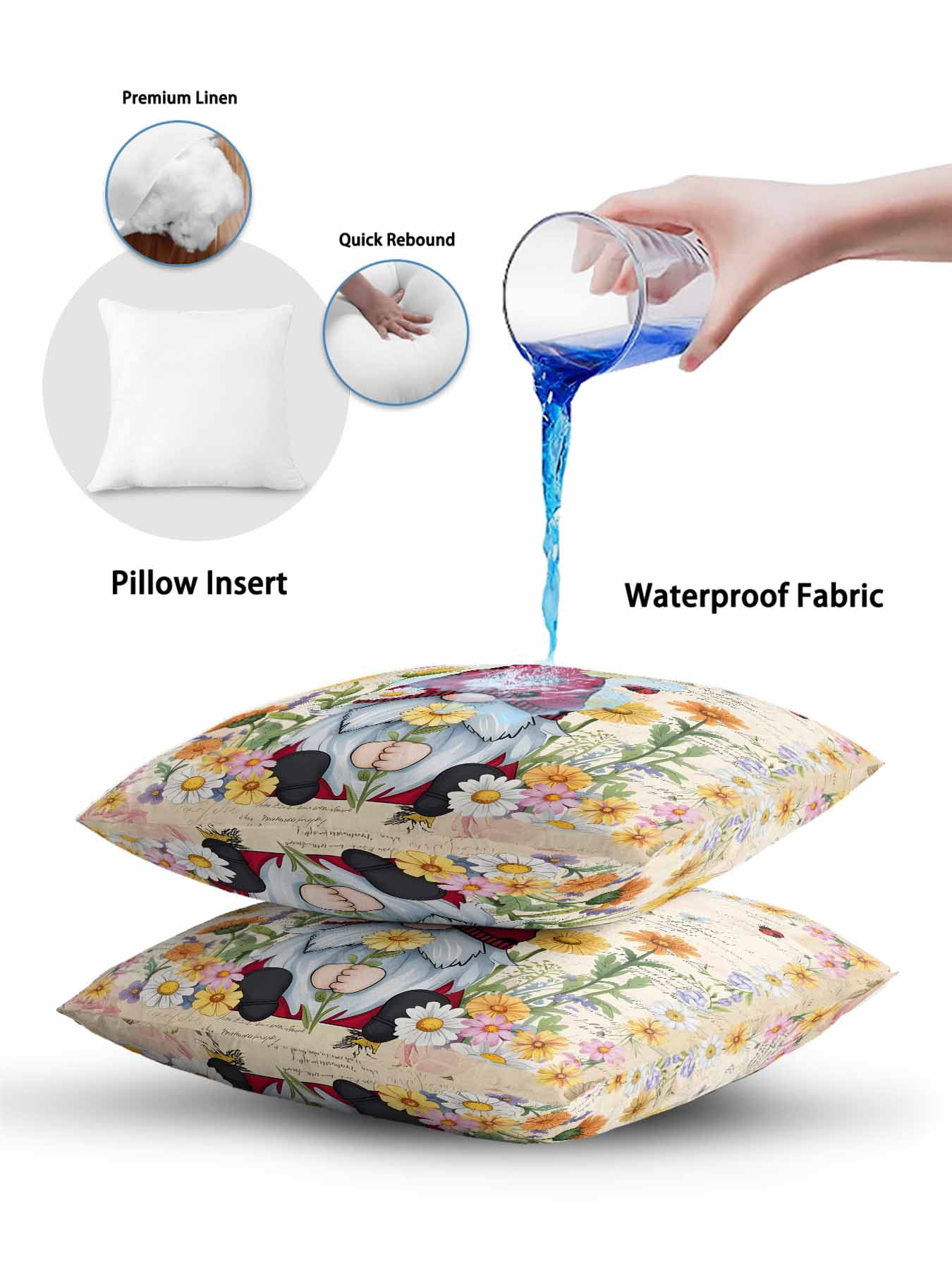 Outdoor Pillows Waterproof, Farmhouse Gnomes Bedding Throw Pillows with Insert for Couch Sofa Bed, Vintage Pastoral Daisy Floral Country 16x16 Inch Pillowcases Decorative Patio Pillow Set of 1