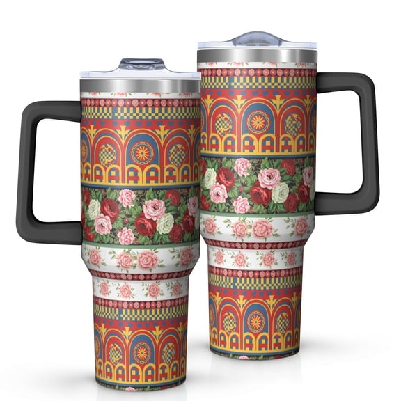 40oz Pioneer Flower Floral Print Pattern Insulated Tumbler with Handle, BPA-Free Leak Proof Lid and Straws, Double Wall Vacuum, Hot 12h/Cold 34h