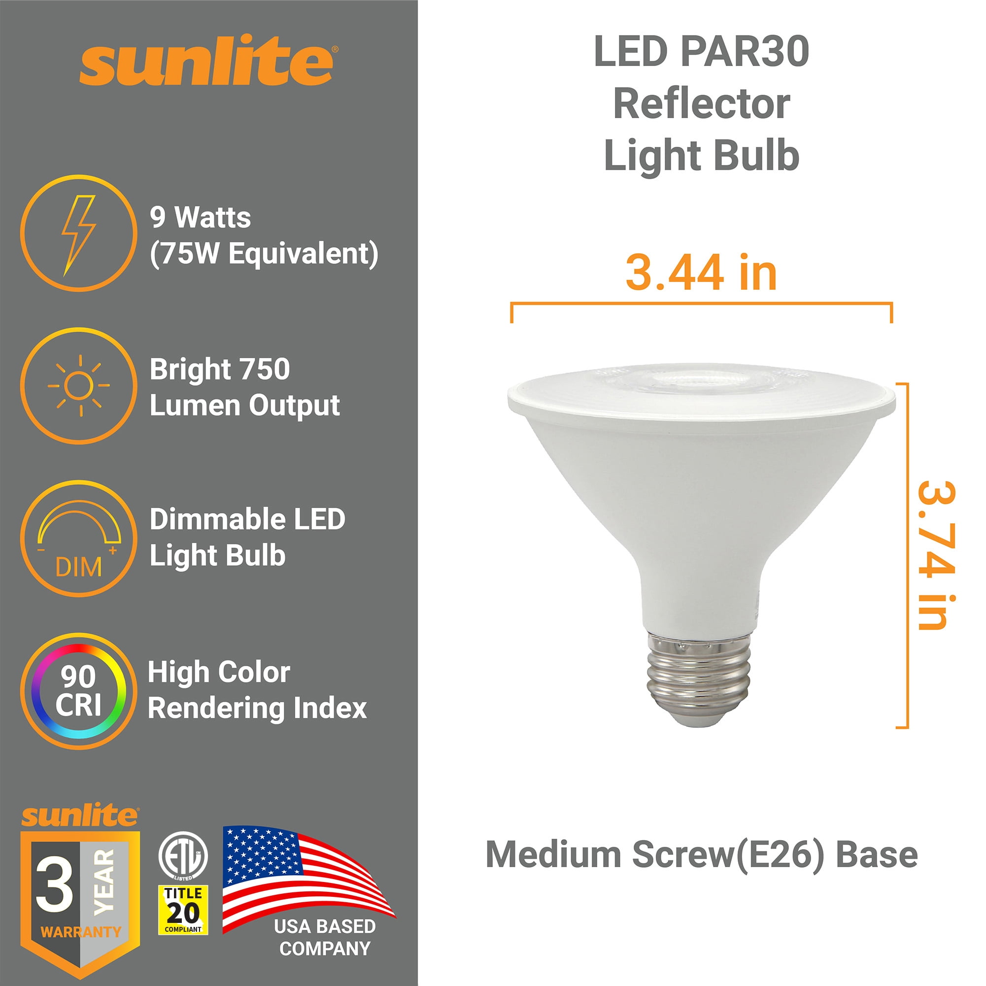 Sunlite LED PAR30 Reflector Light Bulb, 9 Watts (75W=), 750 Lumens, Medium E26 Base, 90 CRI, Dimmable, Floodlight, ETL Listed, Title-20 Compliant, 40K-Cool White, 24 Pack