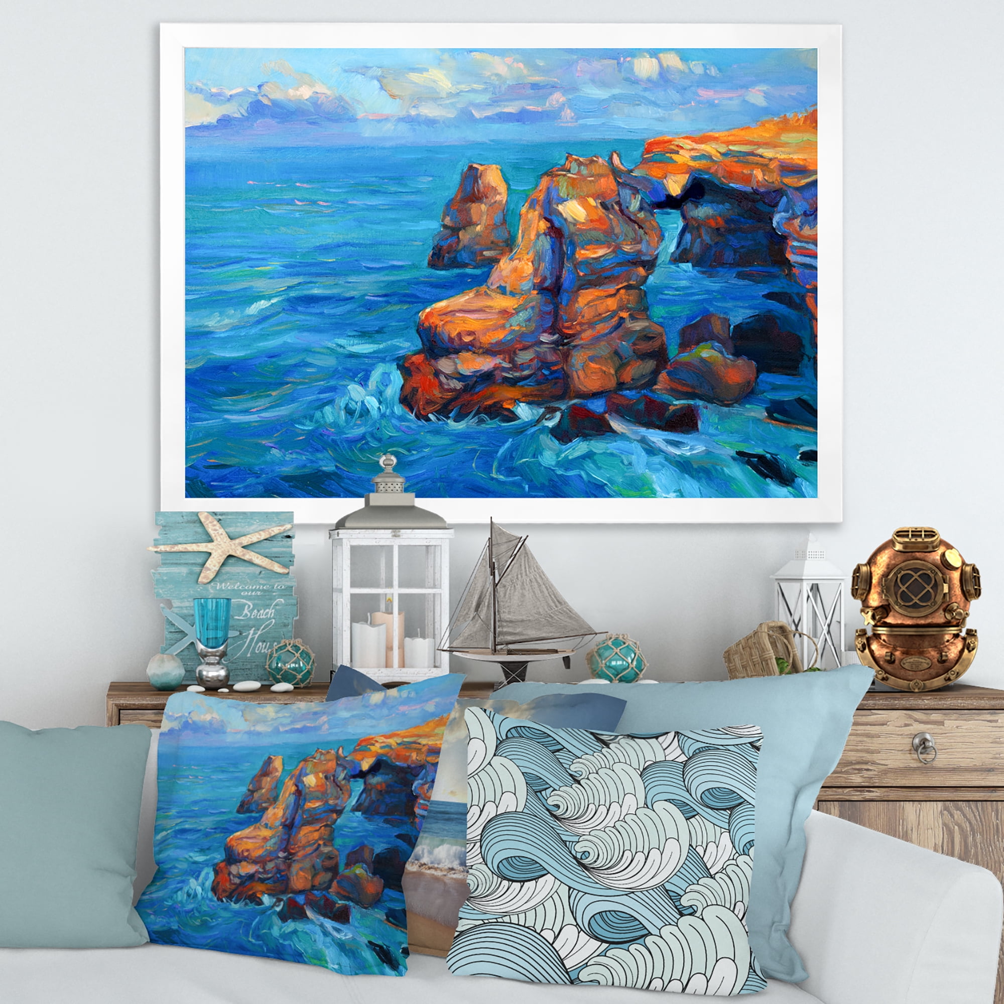 Designart 'The Blue Ocean By Rocky Cliffs' Nautical & Coastal Framed Art Print